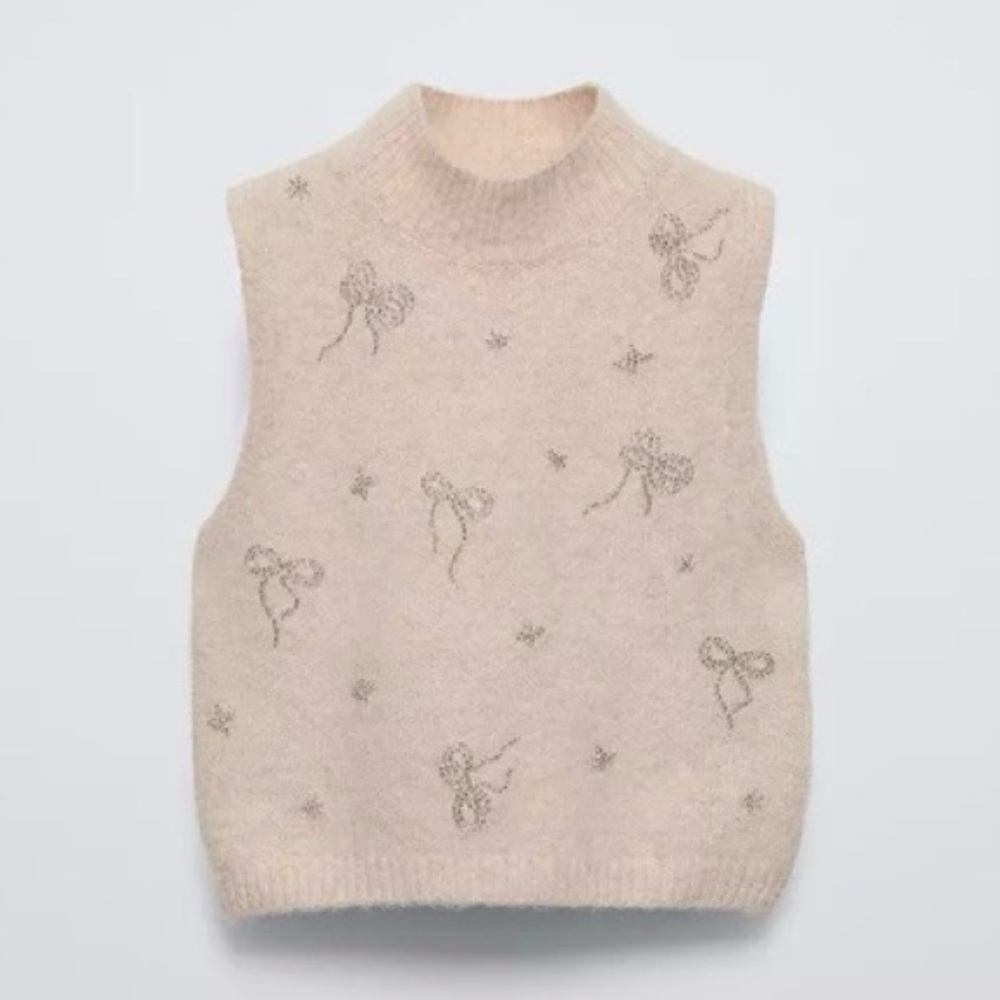 Zara Girls High Collar Beaded Knit Vest Sweater Cream Ecru Bow Embellished 6-7